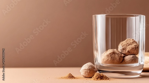 Glass of whiskey stones on beige background photo