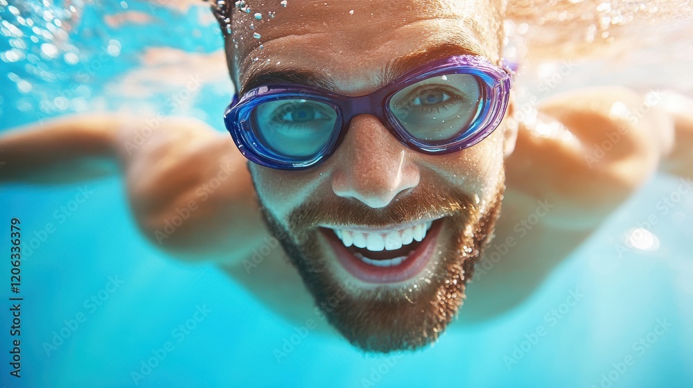 Naklejka premium Young swimmer immerses in vibrant underwater depths of Olympic pool