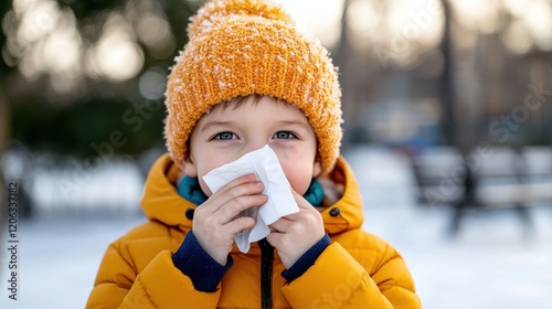 Winter walk brings sneezes and sniffles for a chilly young boy