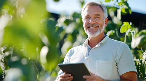 Happy senior agronomist conducts quality check at vibrant tomato plantation photo