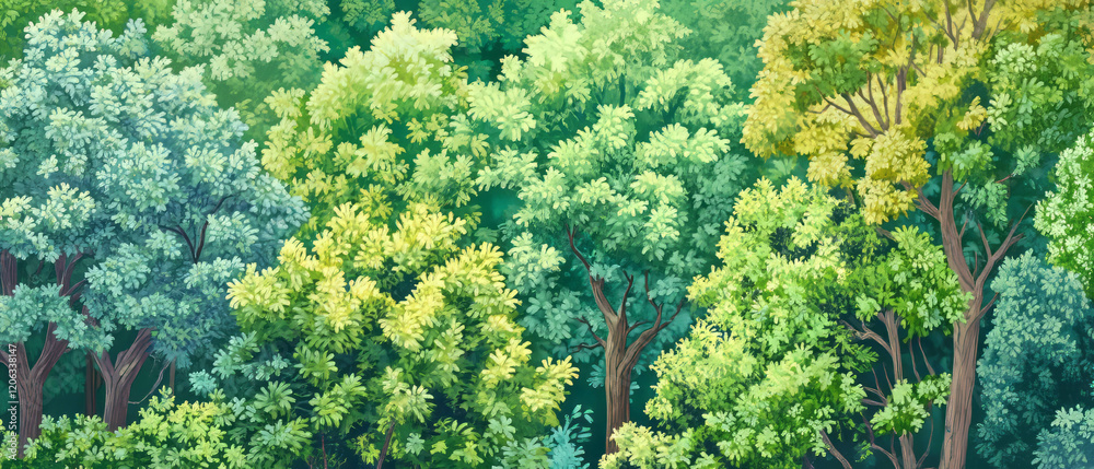 Naklejka premium Exploration of diverse green forests with dense trees and rich foliage patterns