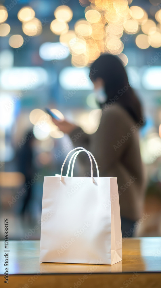 Woman shopping in a store with a white bag while using her phone in a brightly lit location Woman shopping in a store with a white bag while using her phone in a brightly lit location