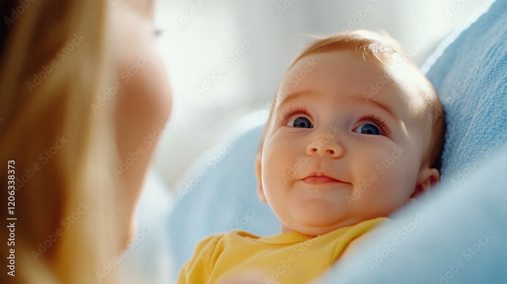 Cute newborn baby enjoys playful moments with mother on soft blue blanket Cute newborn baby enjoys playful moments with mother on soft blue blanket