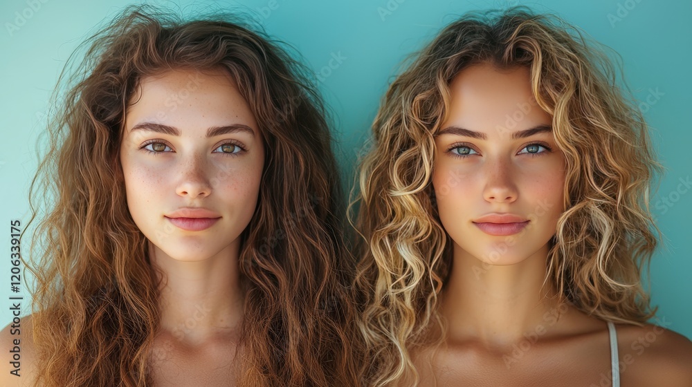The image presents two women with distinct curly hair textures, casting a relaxed vibe and youthful charm, embodying diversity in beauty with their radiant smiles. The image presents two women with distinct curly hair textures, casting a relaxed vibe and youthful charm, embodying diversity in beauty with their radiant smiles.