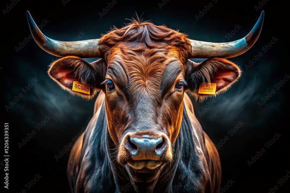 Naklejka premium Powerful Bull Head Silhouette, Dramatic Black Background Panoramic Stock Photo