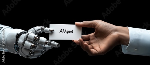 An AI agent robot handing a business card labeled AI Agent to a human symbolizing collaboration, automation, and partnership in interaction working together with artificial intelligence and humanity