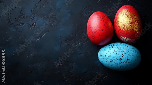 Three brightly colored speckled eggs, two red and one blue, arranged on a dark textured background