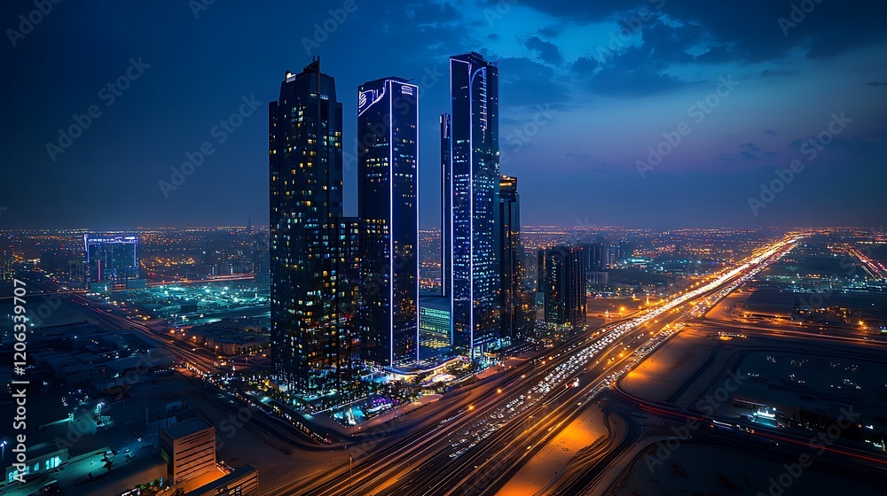 Obraz premium Illuminated Skyscrapers at Night Cityscape