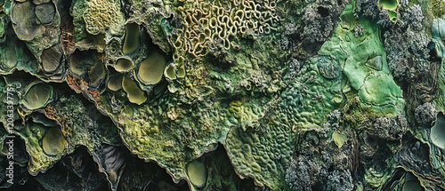 Texture of green lichen on tree bark showcasing intricate patterns and natural beauty photo