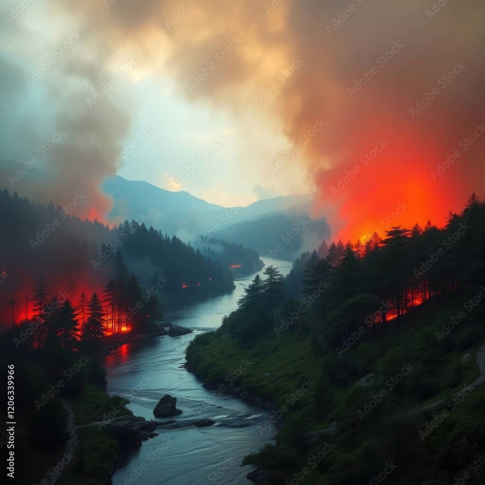 Fototapeta premium Forest Fire Jumping a River Art