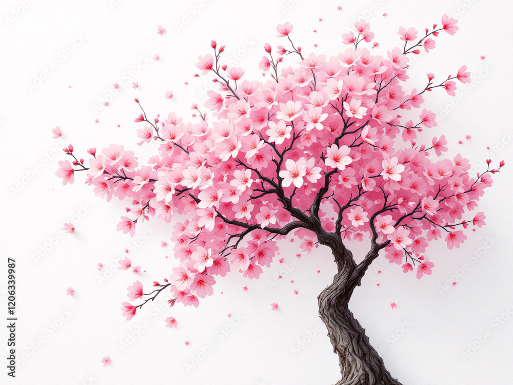 Fototapeta premium Pink cherry blossom tree in full bloom on white background.
