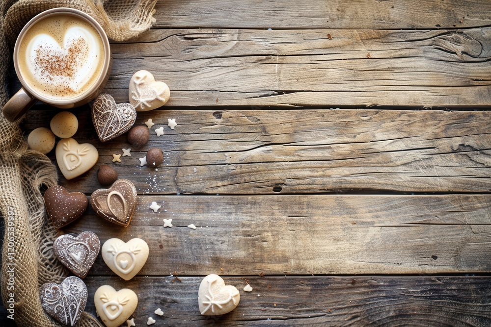 Warm coffee with heart-shaped cookies arranged on rustic wooden table Warm coffee with heart-shaped cookies arranged on rustic wooden table