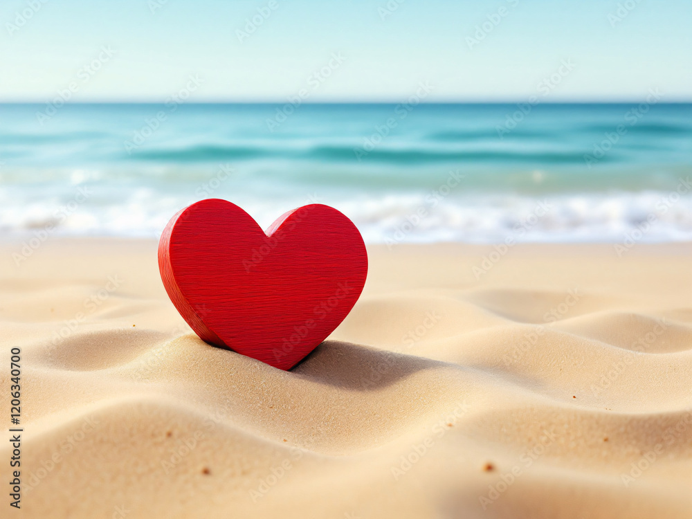 Red wooden heart on sandy beach with ocean waves and blue sky. Red wooden heart on sandy beach with ocean waves and blue sky.