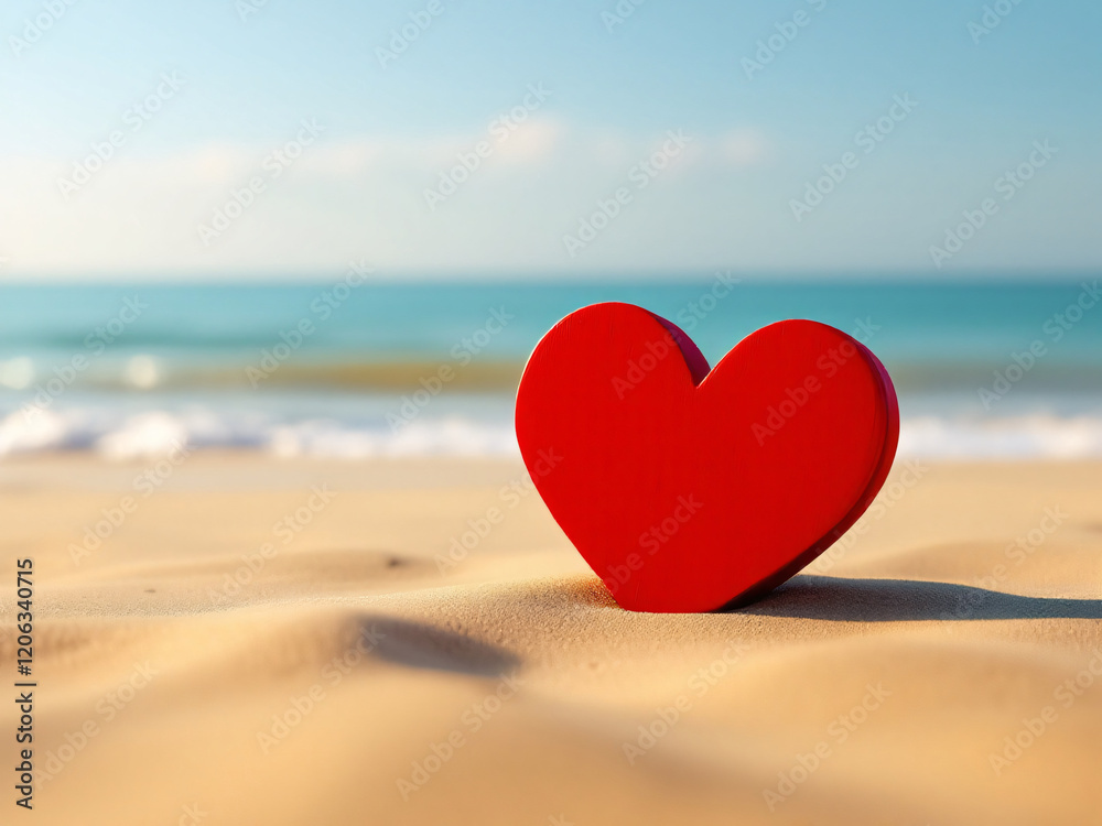 Red wooden heart on sandy beach with ocean waves and blue sky. Red wooden heart on sandy beach with ocean waves and blue sky.