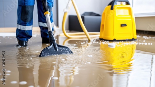 A person uses a wet vacuum to clean up water from a flooded floor, demonstrating effective water removal and restoration efforts.