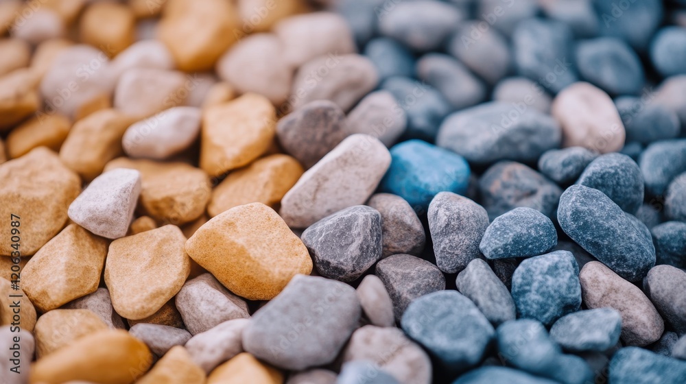 The image features an arrangement of colorful gravel stones, showcasing contrasting shades of yellow, grey, and blue, creating a visually appealing pattern. The image features an arrangement of colorful gravel stones, showcasing contrasting shades of yellow, grey, and blue, creating a visually appealing pattern.