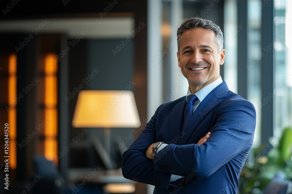 Fototapeta premium Happy middle aged business man ceo standing in office arms crossed. Smiling mature confident professional executive manager, proud lawyer, businessman leader wearing blue suit