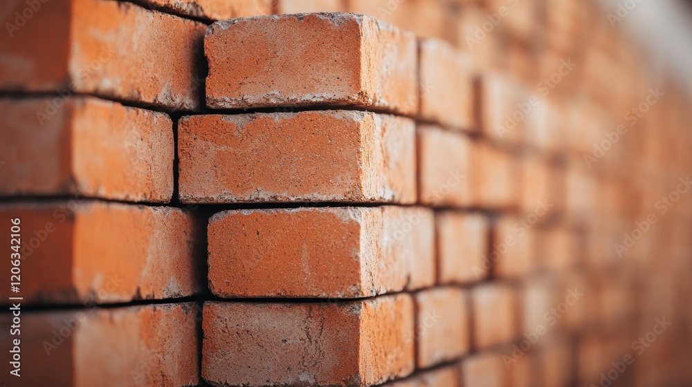 Fototapeta premium A close-up view of stacked bricks, showcasing their texture and color, ideal for construction and architectural projects.