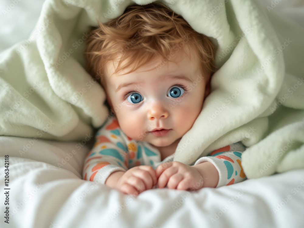 Baby lying in blanket, blue eyes Baby lying in blanket, blue eyes