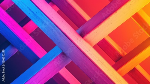 Wallpaper Mural A vibrant, abstract image featuring intersecting wooden beams illuminated in shades of pink, blue, and yellow, creating a dynamic visual effect. Torontodigital.ca