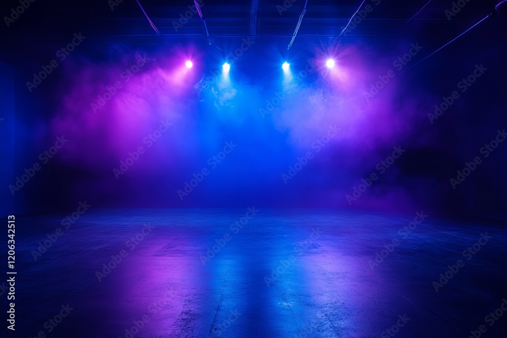 Fototapeta premium Dark Room Studio Stage Purple Blue Neon Lights Smoke Dramatic Empty Background Concert Party Design Grunge Texture Floor Lighting Abstract Digital Art 