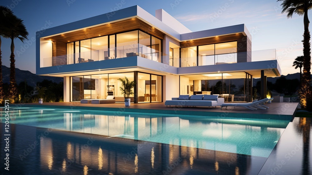 Modern villa illuminated at dusk with serene reflections in the pool. Generative AI