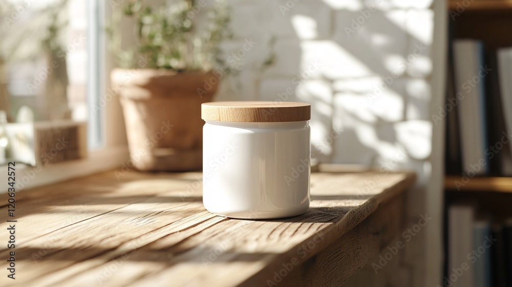 White ceramic jar with wooden lid resting on rustic wooden shelf in sunlit room