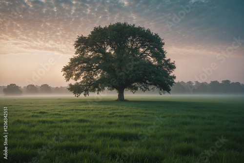 Wallpaper Mural Expansive green field, solitary tree, gentle mist, pastel morning sky, sunlight glimmering on dew Torontodigital.ca