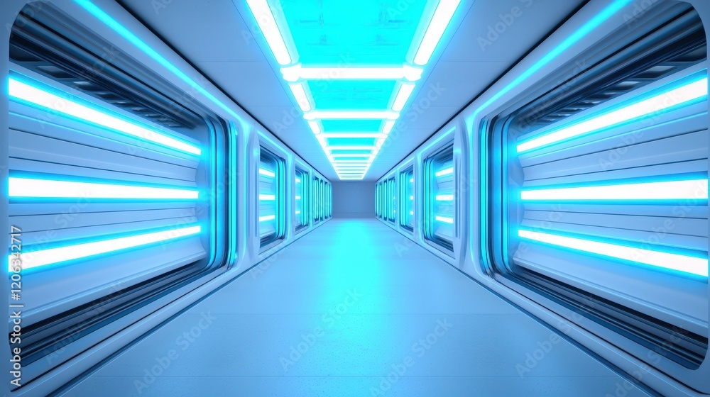 Obraz premium A futuristic corridor illuminated with blue LED lights, featuring sleek lines and a modern design, creating a high-tech ambiance.