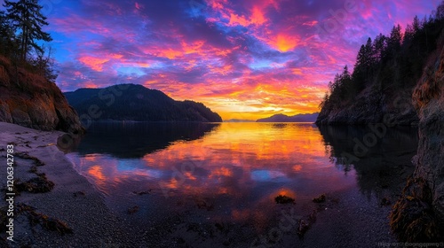 Vibrant sunset over calm bay, mountains reflecting in water, perfect for travel brochures