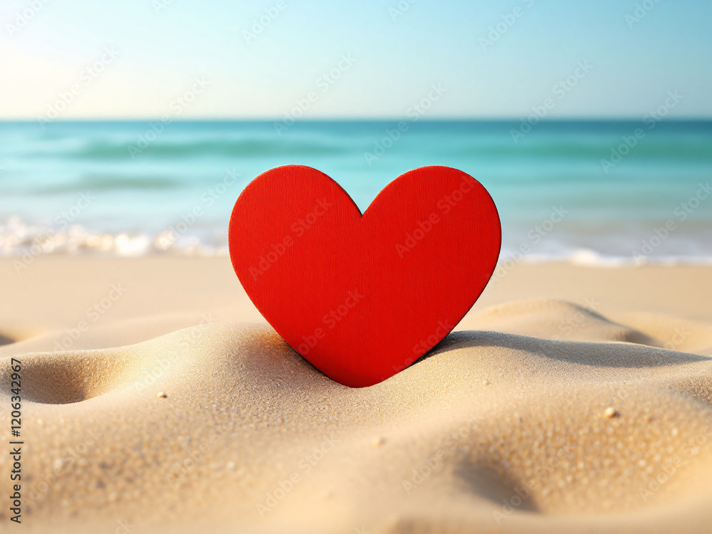 Red wooden heart on sandy beach with ocean waves and blue sky. Red wooden heart on sandy beach with ocean waves and blue sky.