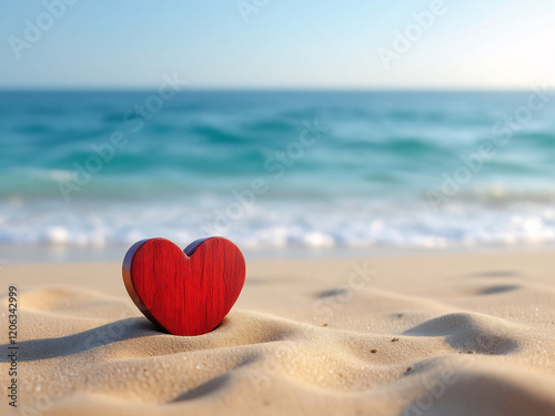 Red wooden heart on sandy beach with ocean waves and blue sky.