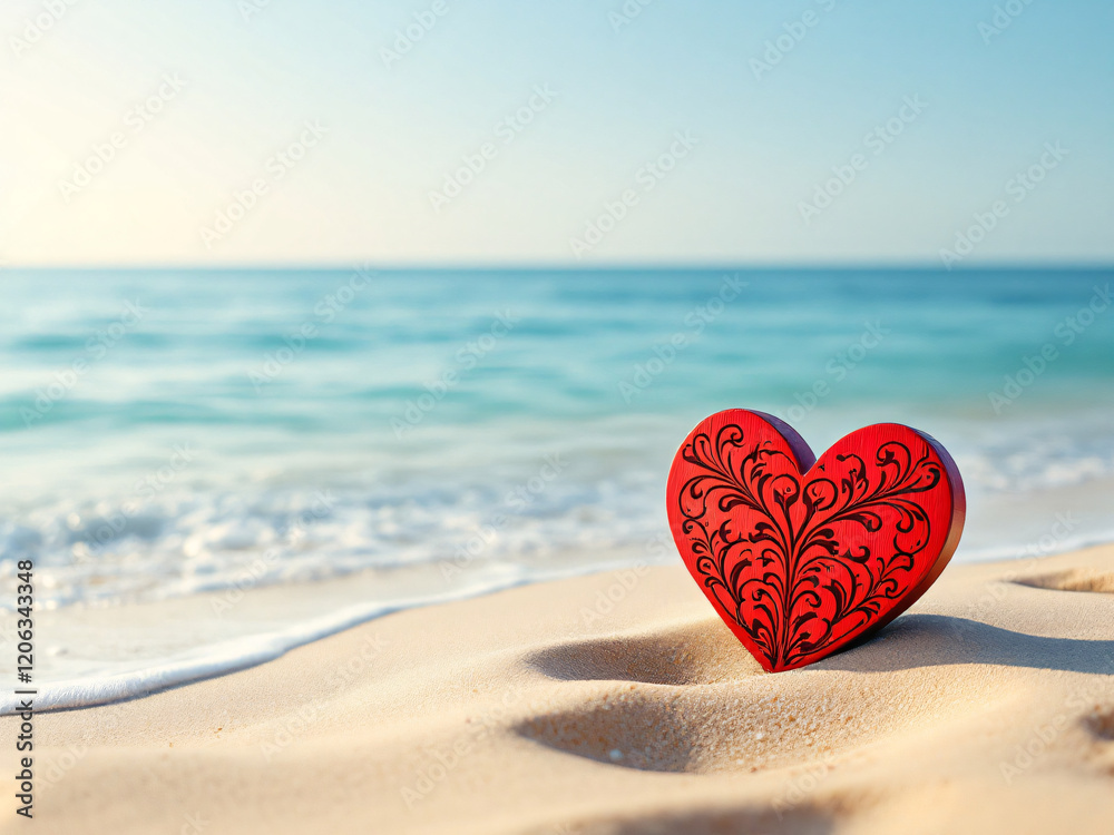 Fototapeta premium Red wooden heart on sandy beach with ocean waves and blue sky.