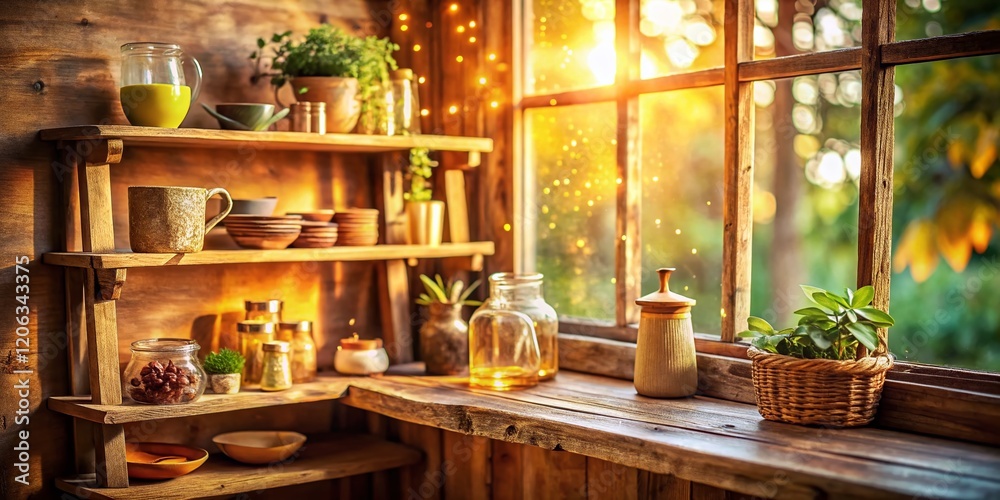 Rustic Wooden Shelf with Window Light Bokeh, Soft Warm Light, Cozy Home Decor Rustic Wooden Shelf with Window Light Bokeh, Soft Warm Light, Cozy Home Decor