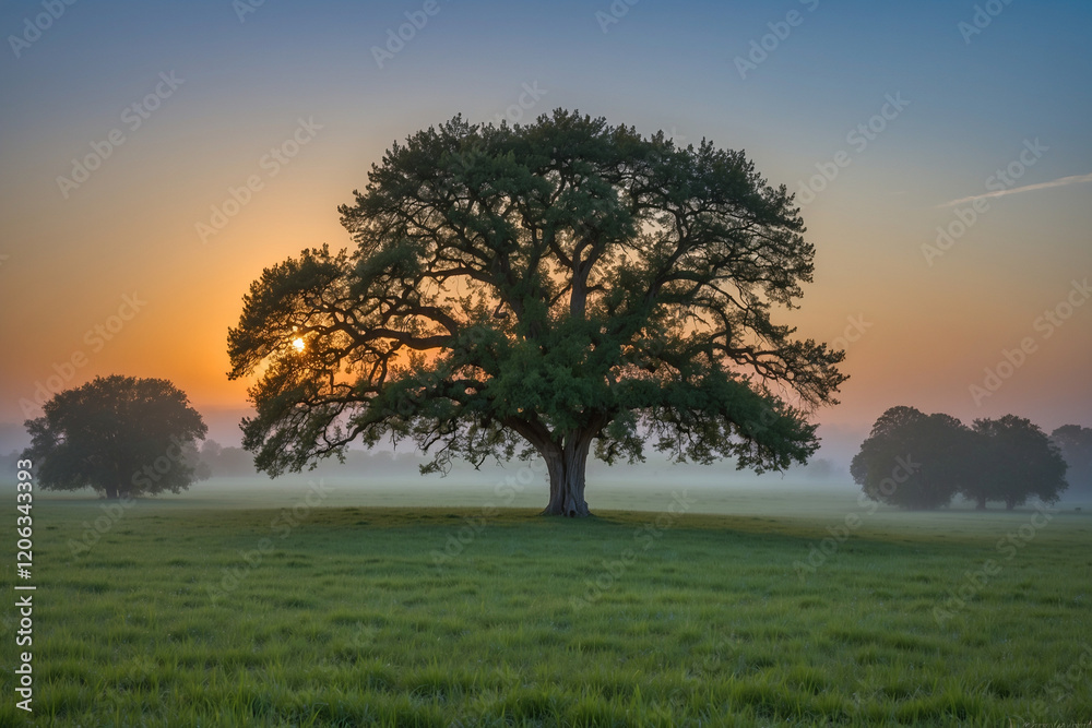 Obraz premium Lush green pasture, tree at center, soft blue-orange morning sky, low fog, shimmering golden dew