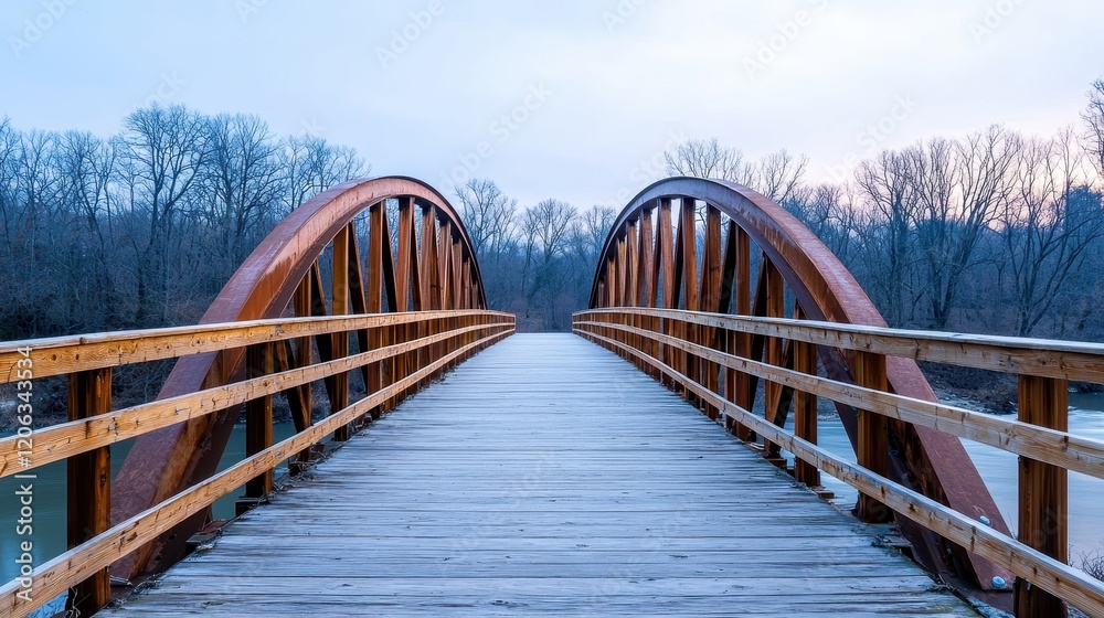 A wooden bridge arches over a tranquil river, surrounded by trees, creating a serene atmosphere at dawn. A wooden bridge arches over a tranquil river, surrounded by trees, creating a serene atmosphere at dawn.