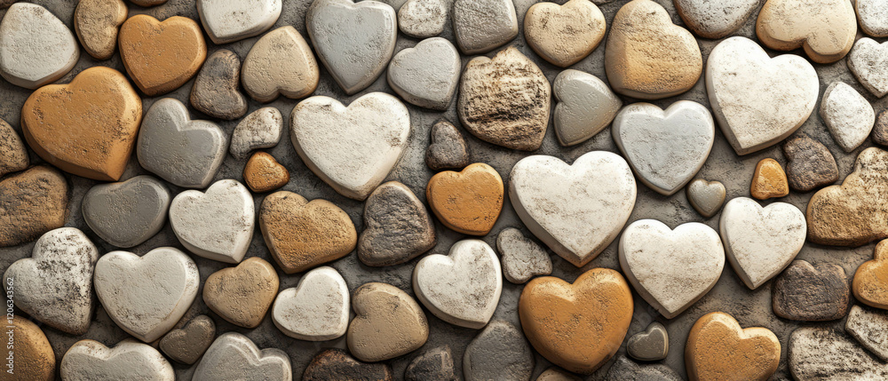 Textured arrangement of varied heart shapes and rounded stones in soft hues Textured arrangement of varied heart shapes and rounded stones in soft hues
