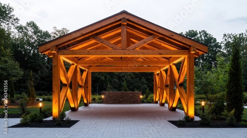 A beautifully designed wooden pavilion with warm lighting, showcasing elegant architecture amidst lush greenery.
