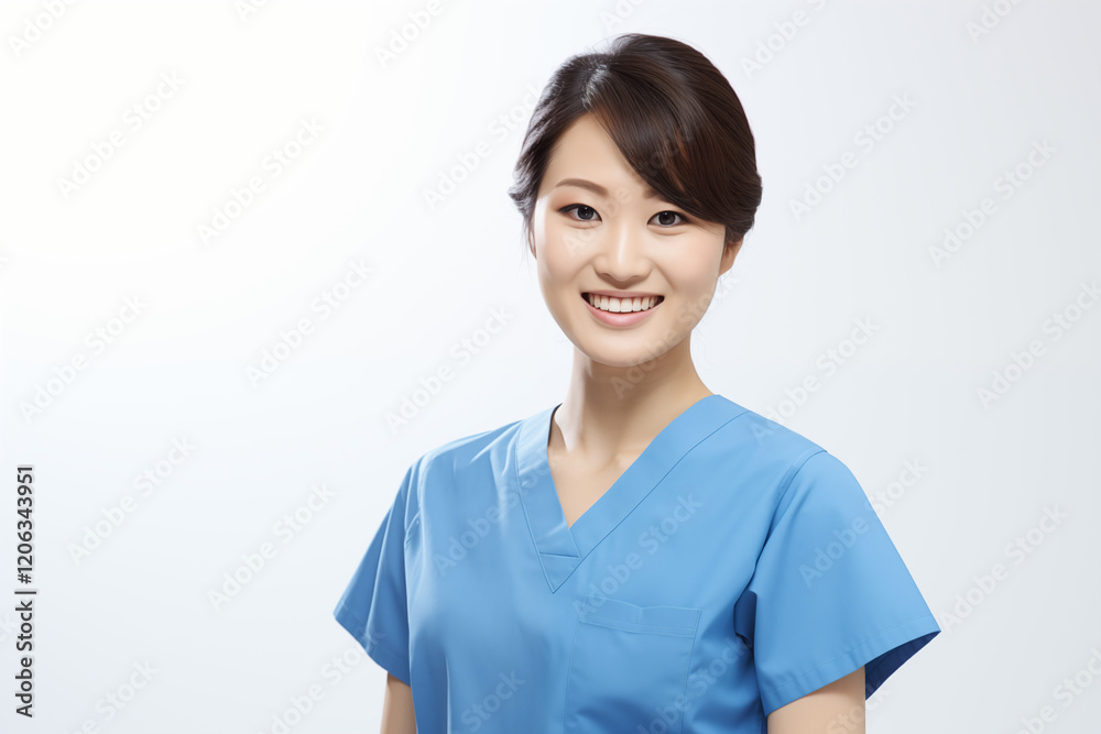 Smiling Asian Nurse in Professional Uniform with Stethoscope, Friendly and Caring Healthcare Worker, White Background, Ideal for Medical, Healthcare, and Wellness Concepts