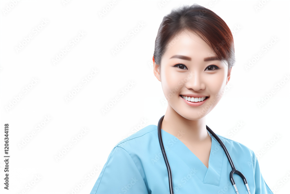 Smiling Asian Nurse in Professional Uniform with Stethoscope, Friendly and Caring Healthcare Worker, White Background, Ideal for Medical, Healthcare, and Wellness Concepts Smiling Asian Nurse in Professional Uniform with Stethoscope, Friendly and Caring Healthcare Worker, White Background, Ideal for Medical, Healthcare, and Wellness Concepts
