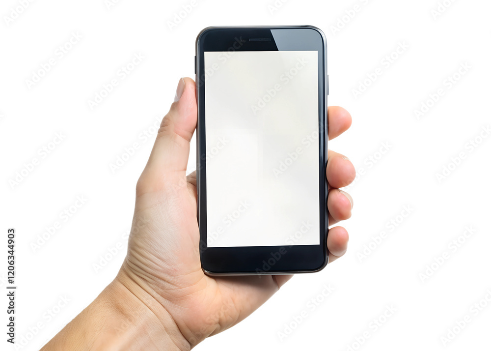 A hand holding a smartphone with a blank screen A hand holding a smartphone with a blank screen
