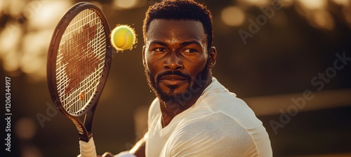 Sunset Backhand Powerful Tennis Player s Shot In Golden Hour, Embodies Skill, Power, and Grace photo