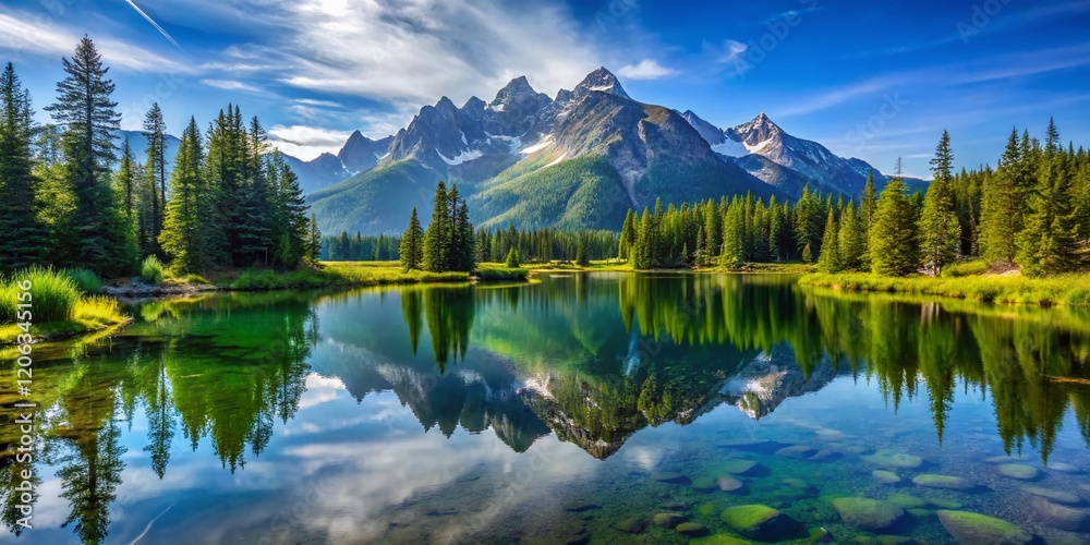 Serene Mountain Pond Reflection: Still Water, Majestic Peaks, Nature Photography Serene Mountain Pond Reflection: Still Water, Majestic Peaks, Nature Photography