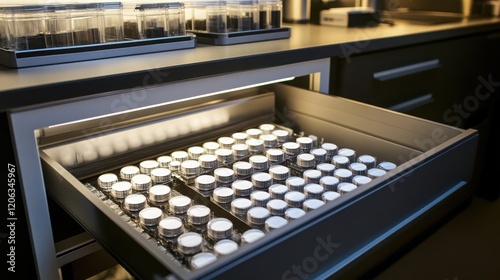 Modern Laboratory with Open Drawer Holding Numerous Clear Containers Reflecting Precise Organization and Advanced Research Techniques in Scientific Environment