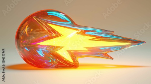 A vibrant 3D lightning bolt shape featuring bright yellow and orange colors blended with a glossy transparent finish, embodying dynamic energy and creativity.