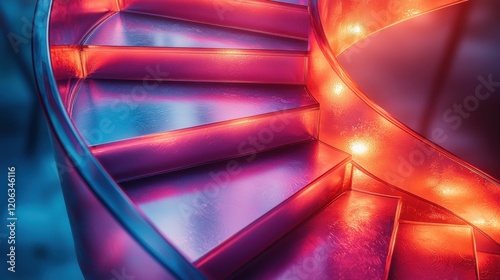 A vibrant image of a spiral staircase illuminated with dynamic lights, showcasing a modern design with abstract shapes and layered patterns.