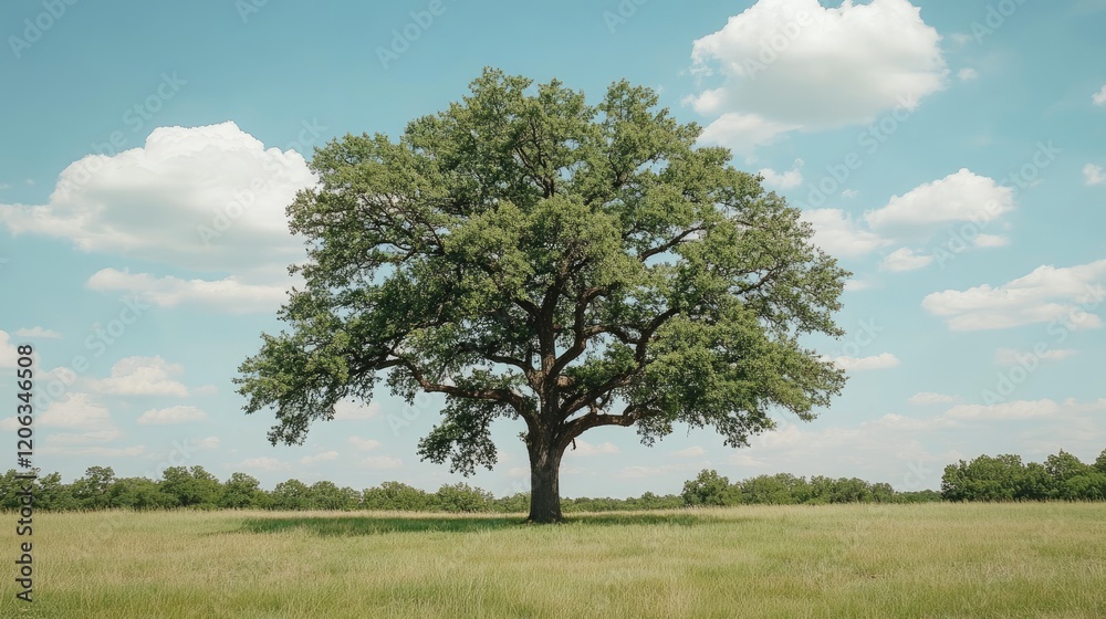 Majestic Oak Tree Stands Alone In Summer Field Majestic Oak Tree Stands Alone In Summer Field
