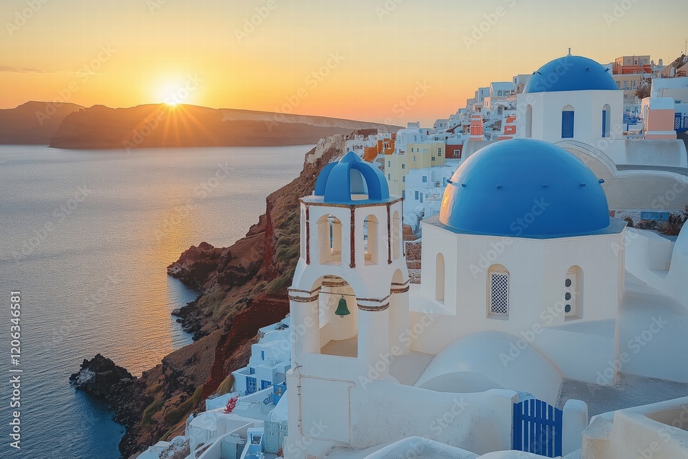 Fototapeta premium Beautiful sunset over white buildings with blue domes in Santorini, Greece, creating a stunning coastal view
