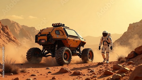 Astronaut on Mars in background a rover photo