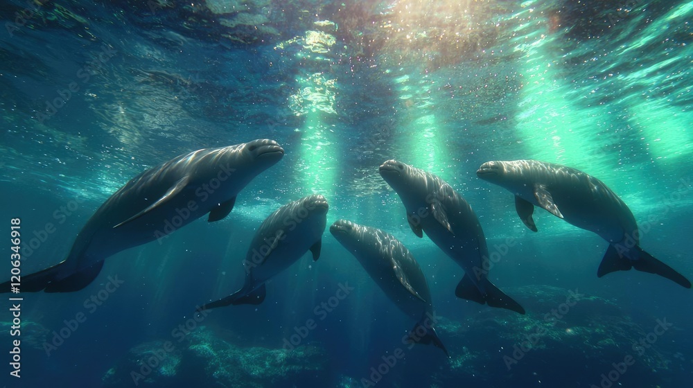 Dolphins swimming underwater, sunlit beams, aquarium background, marine wildlife stock photo Dolphins swimming underwater, sunlit beams, aquarium background, marine wildlife stock photo